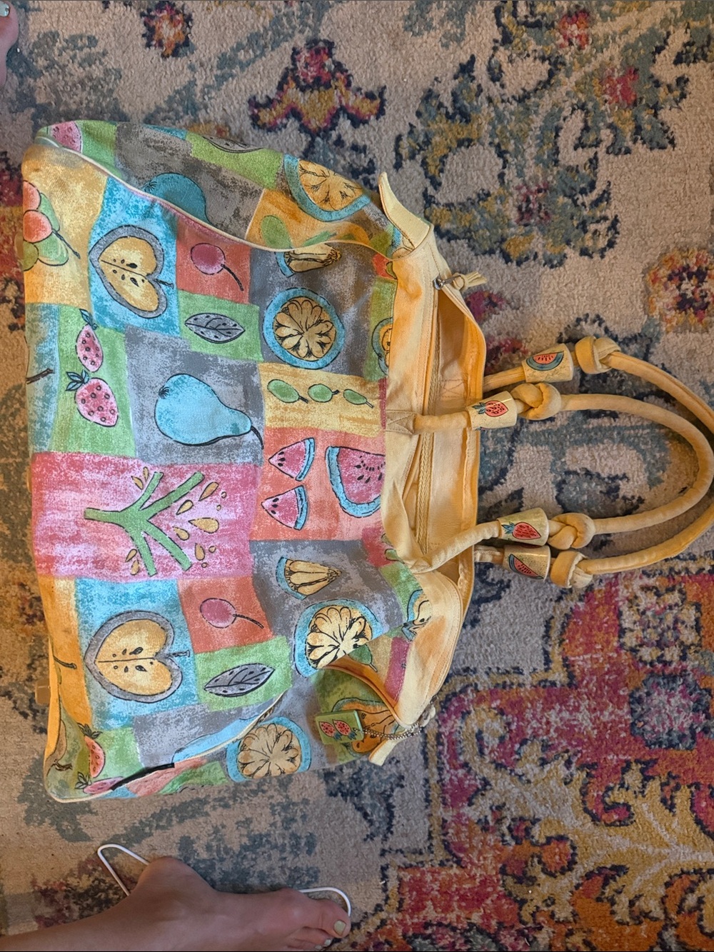 Yellow Multicolor Fruit-Pattern Canvas Tote Bag
